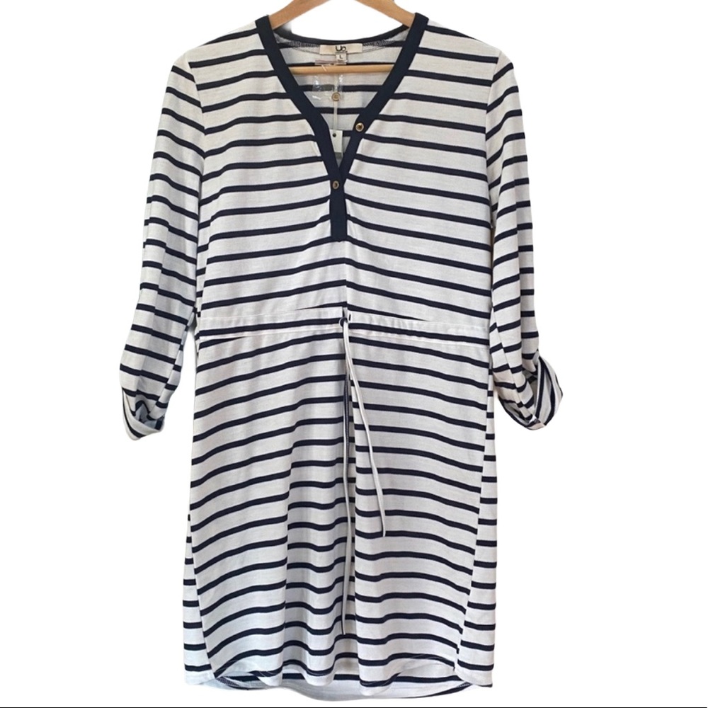 NWT Navy White Striped Cotton Casual Dress Large